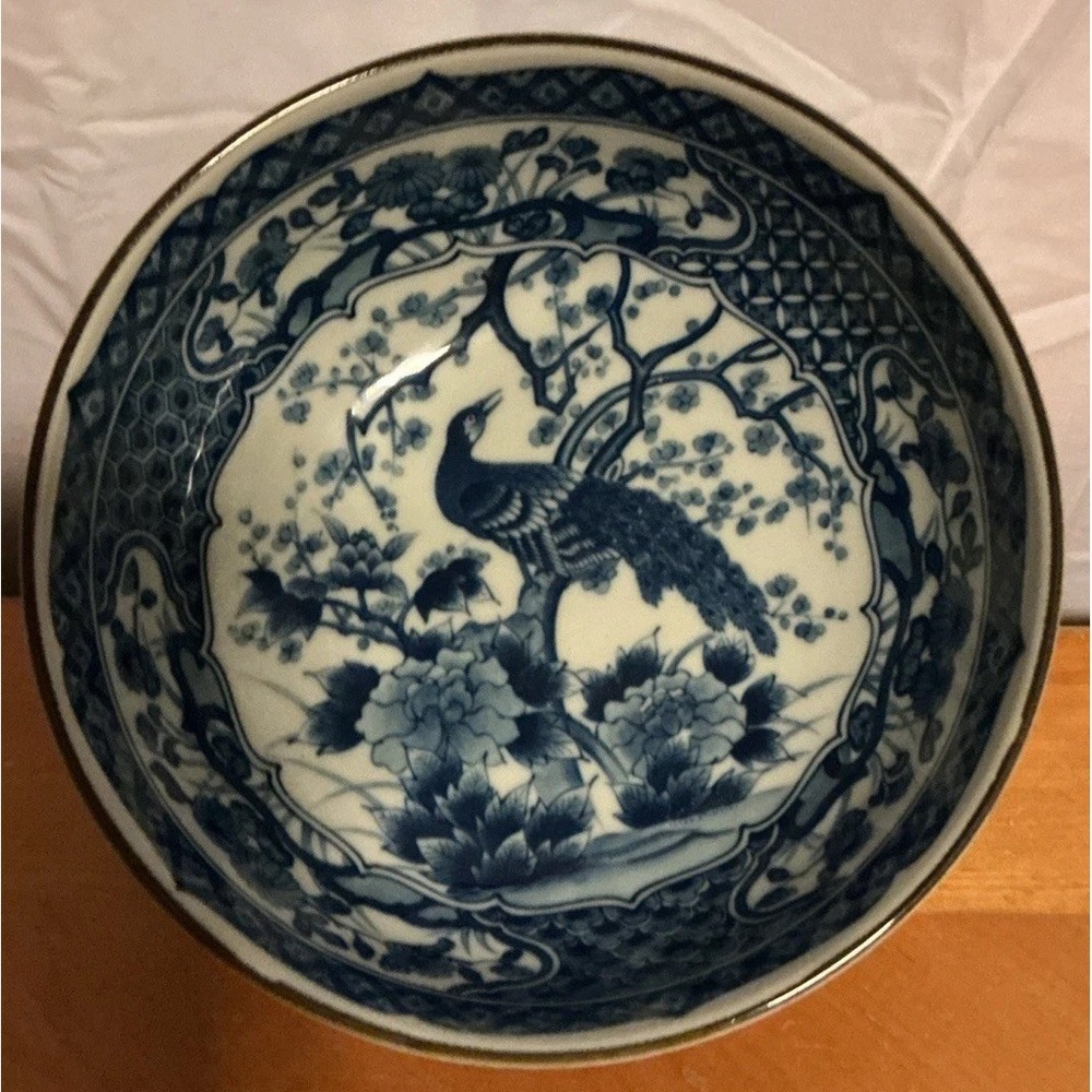 Vintage Blue and White Serving Bowl Made in Japan Peacock w/Cherry Blossoms 8.5"